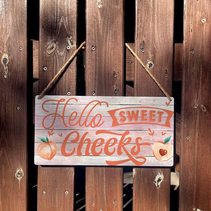 Hello Sweet Cheeks Sign Funny Farmhouse Peach Wooden Hanging Sign Plaque Rustic Wall Art Decor Home Bathroom Decoration 12 x 6 Inches