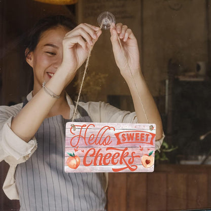 Hello Sweet Cheeks Sign Funny Farmhouse Peach Wooden Hanging Sign Plaque Rustic Wall Art Decor Home Bathroom Decoration 12 x 6 Inches