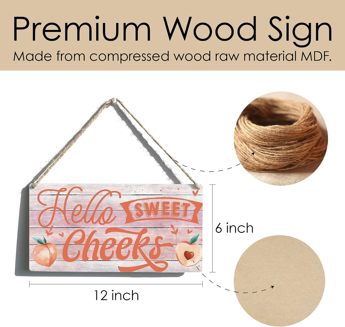 Hello Sweet Cheeks Sign Funny Farmhouse Peach Wooden Hanging Sign Plaque Rustic Wall Art Decor Home Bathroom Decoration 12 x 6 Inches