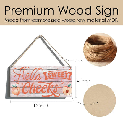 Hello Sweet Cheeks Sign Funny Farmhouse Peach Wooden Hanging Sign Plaque Rustic Wall Art Decor Home Bathroom Decoration 12 x 6 Inches