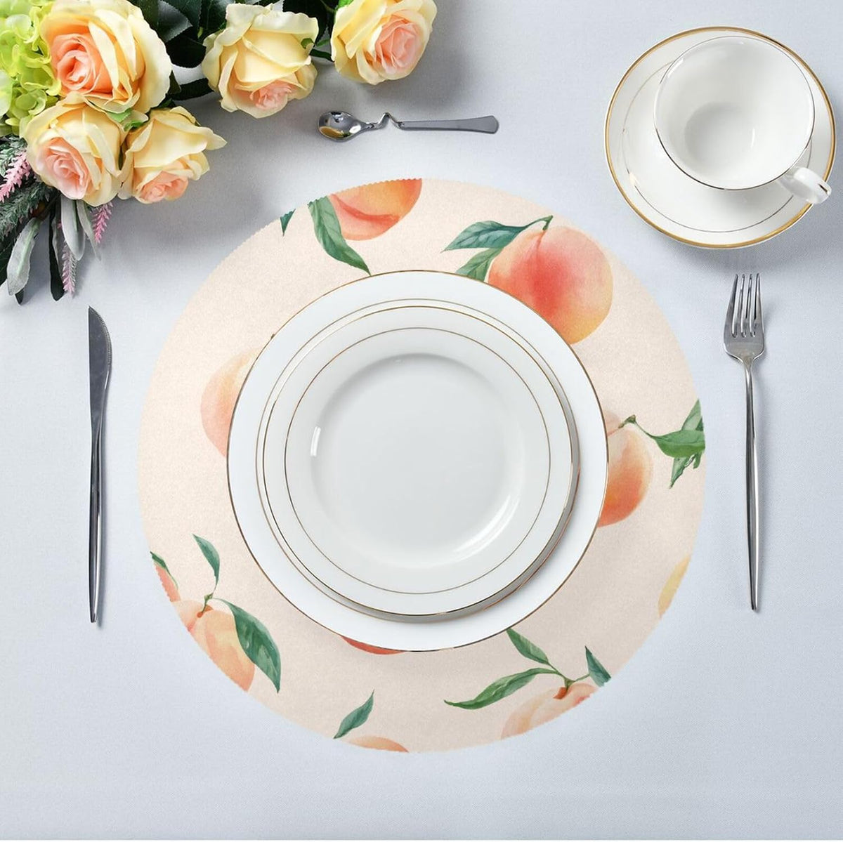 Round Placemats Set Peach Pattern 4 Pcs Fabric Table Mats for Dining Table