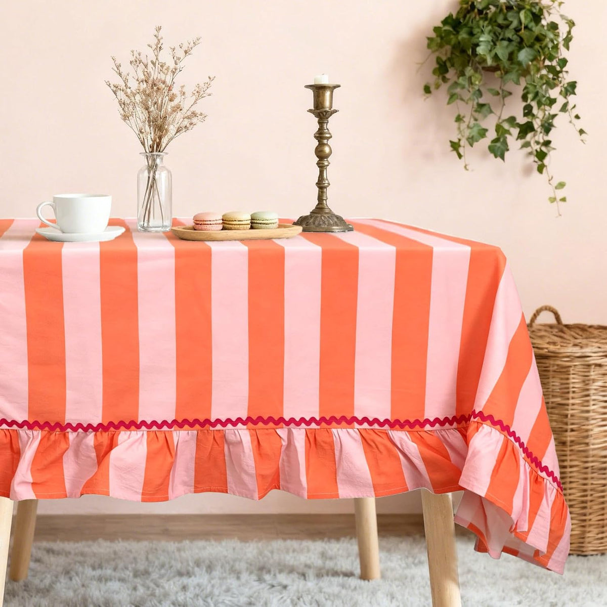 Ruffle Tablecloth with Hot Pink Rick Rack Orange Pink Striped Ruffled Edge Table Cloth Decorative Rectangle Table Cover for Baby Shower Home Kitchen Dining Party Decor, 55 x 70 Inch