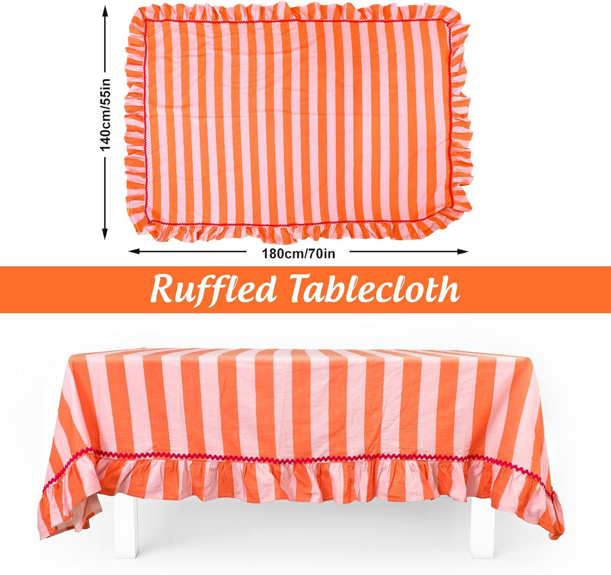 Ruffle Tablecloth with Hot Pink Rick Rack Orange Pink Striped Ruffled Edge Table Cloth Decorative Rectangle Table Cover for Baby Shower Home Kitchen Dining Party Decor, 55 x 70 Inch
