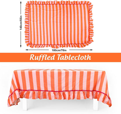Ruffle Tablecloth with Hot Pink Rick Rack Orange Pink Striped Ruffled Edge Table Cloth Decorative Rectangle Table Cover for Baby Shower Home Kitchen Dining Party Decor, 55 x 70 Inch