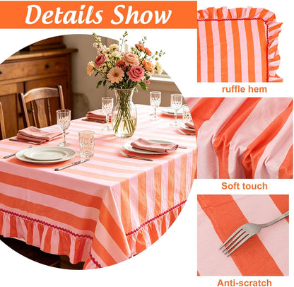 Ruffle Tablecloth with Hot Pink Rick Rack Orange Pink Striped Ruffled Edge Table Cloth Decorative Rectangle Table Cover for Baby Shower Home Kitchen Dining Party Decor, 55 x 70 Inch