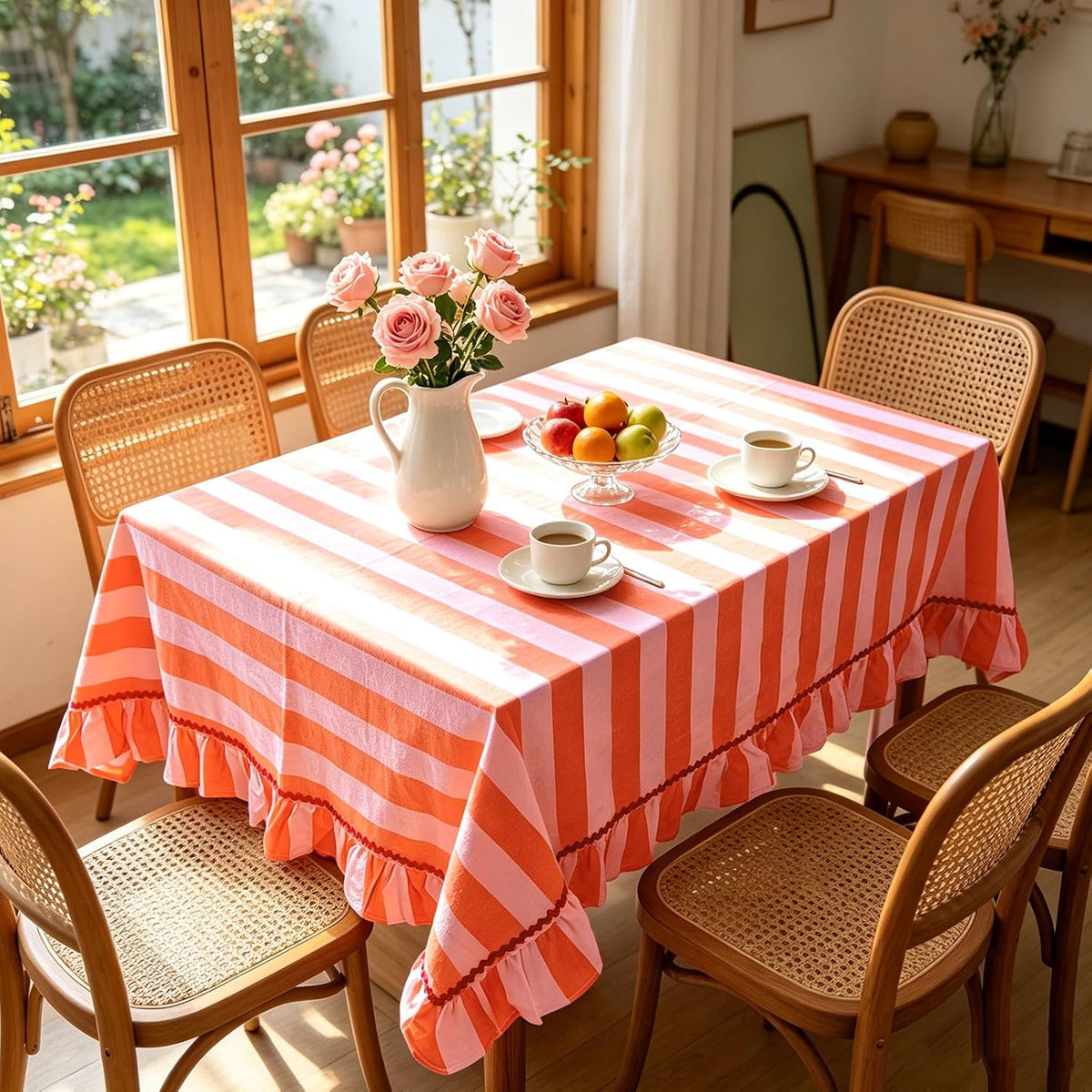 Ruffle Tablecloth with Hot Pink Rick Rack Orange Pink Striped Ruffled Edge Table Cloth Decorative Rectangle Table Cover for Baby Shower Home Kitchen Dining Party Decor, 55 x 70 Inch
