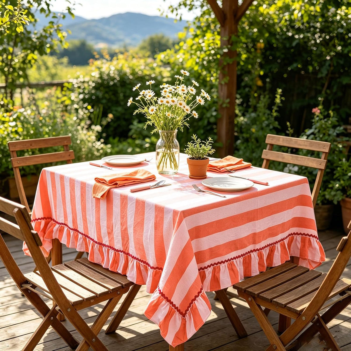 Ruffle Tablecloth with Hot Pink Rick Rack Orange Pink Striped Ruffled Edge Table Cloth Decorative Rectangle Table Cover for Baby Shower Home Kitchen Dining Party Decor, 55 x 70 Inch