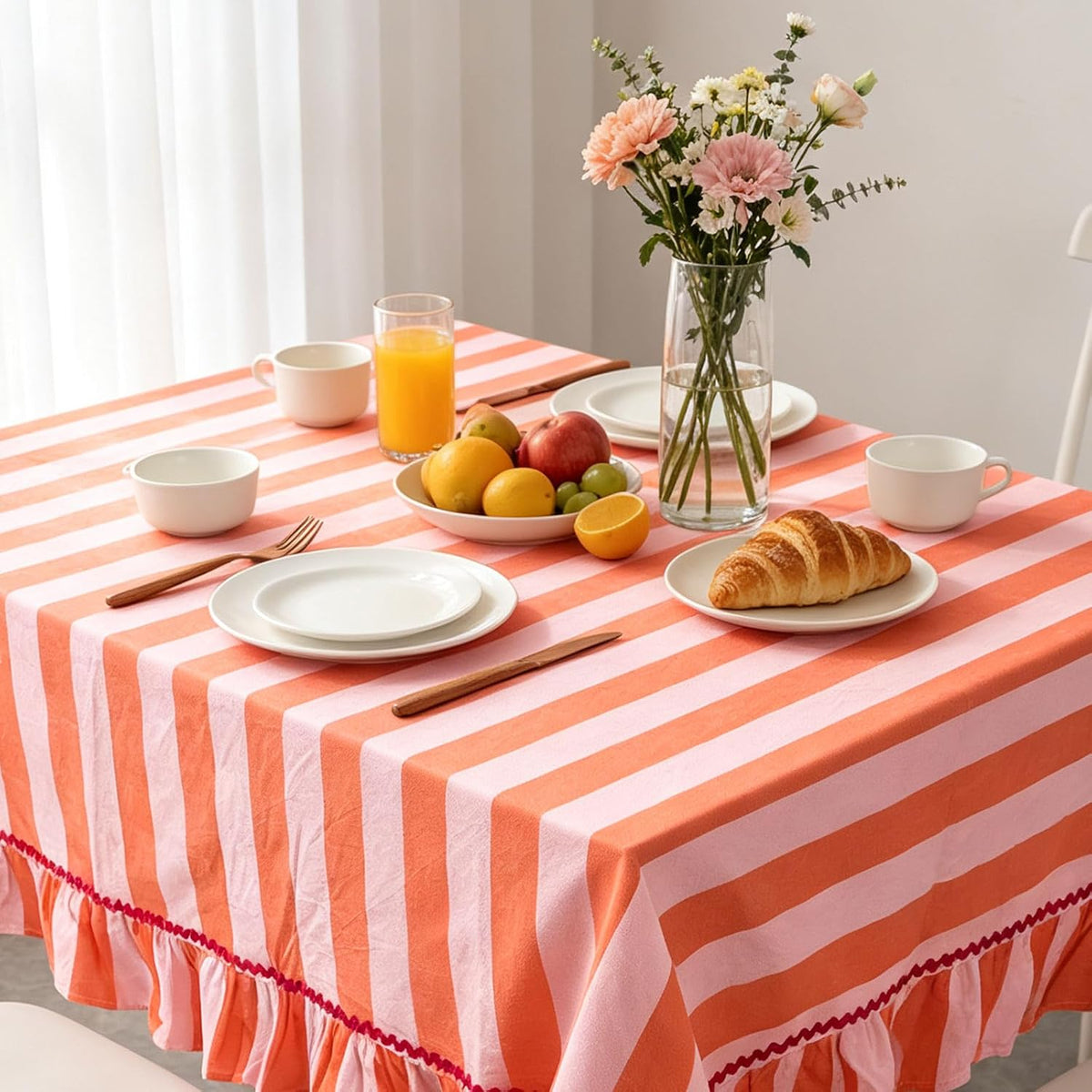 Ruffle Tablecloth with Hot Pink Rick Rack Orange Pink Striped Ruffled Edge Table Cloth Decorative Rectangle Table Cover for Baby Shower Home Kitchen Dining Party Decor, 55 x 70 Inch