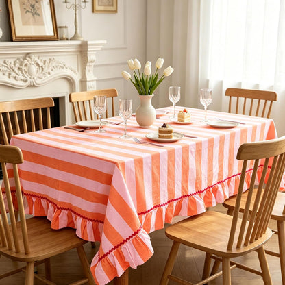 Ruffle Tablecloth with Hot Pink Rick Rack Orange Pink Striped Ruffled Edge Table Cloth Decorative Rectangle Table Cover for Baby Shower Home Kitchen Dining Party Decor, 55 x 70 Inch