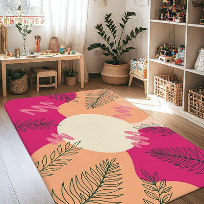 Sun Area Rug, Modern Abstract Leaves Wavy Lines Summer Peach Non-Slip Home Indoor Pattern Carpets Non Shedding Rugs for Living Room Bedroom Under Table Dining Decor 4' X 6'