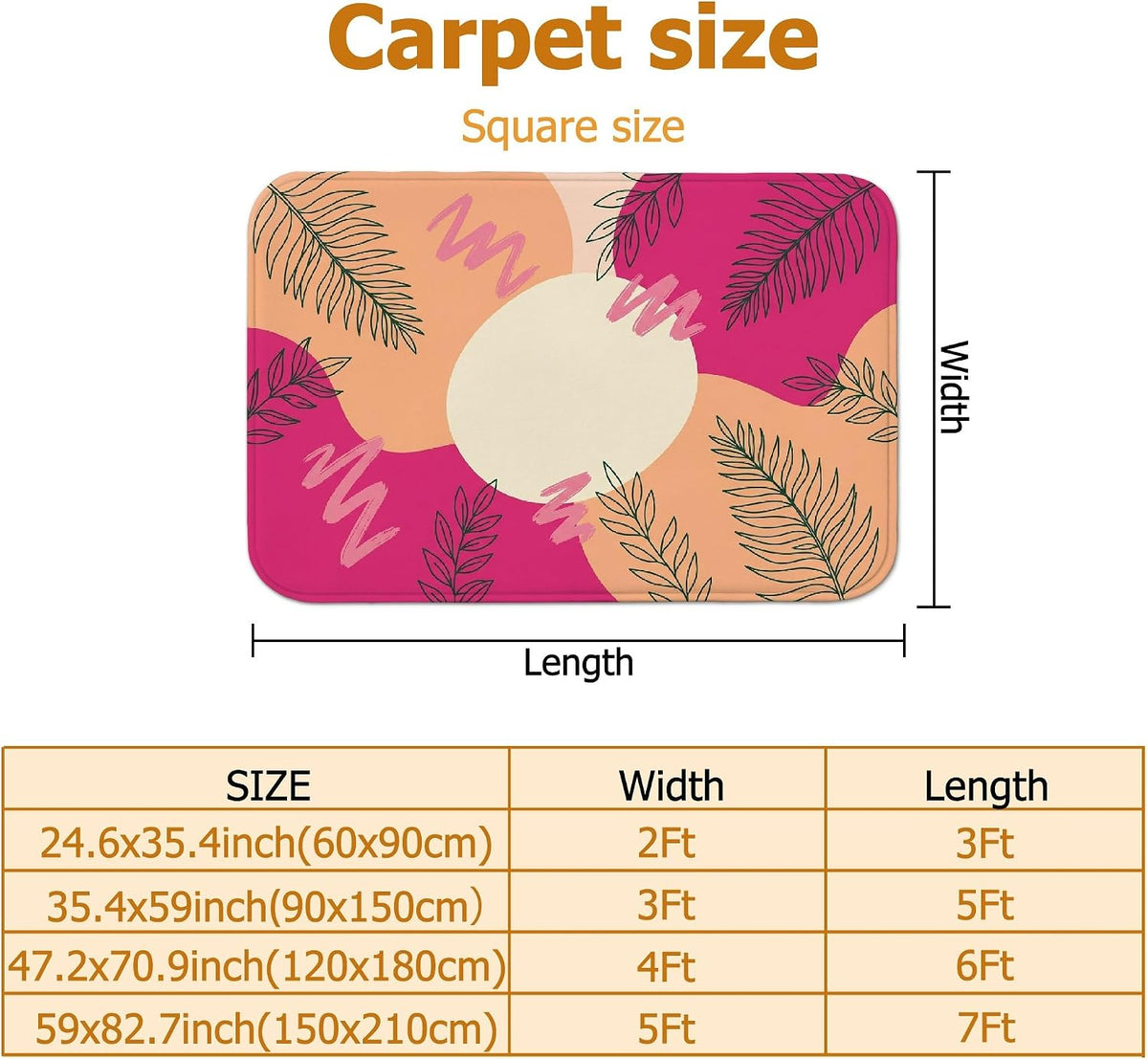 Sun Area Rug, Modern Abstract Leaves Wavy Lines Summer Peach Non-Slip Home Indoor Pattern Carpets Non Shedding Rugs for Living Room Bedroom Under Table Dining Decor 4' X 6'