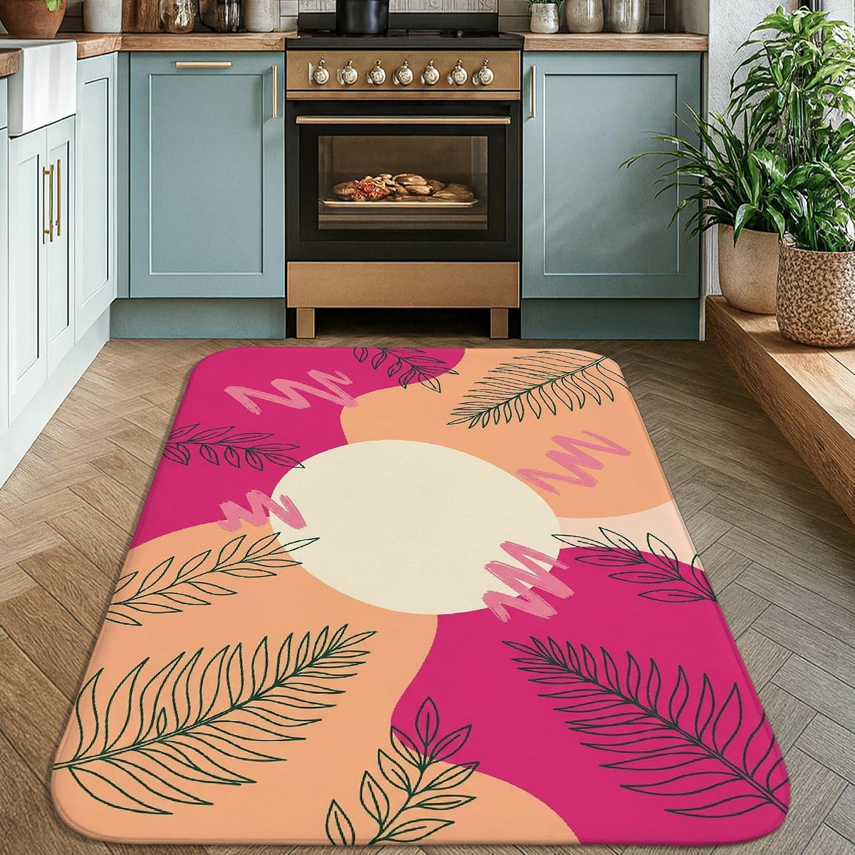 Sun Area Rug, Modern Abstract Leaves Wavy Lines Summer Peach Non-Slip Home Indoor Pattern Carpets Non Shedding Rugs for Living Room Bedroom Under Table Dining Decor 4' X 6'