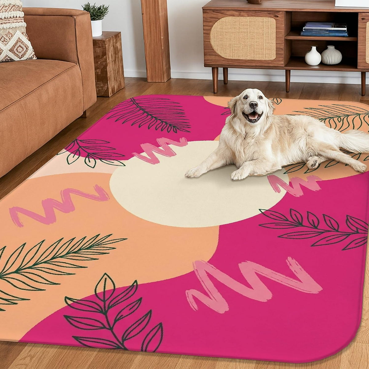 Sun Area Rug, Modern Abstract Leaves Wavy Lines Summer Peach Non-Slip Home Indoor Pattern Carpets Non Shedding Rugs for Living Room Bedroom Under Table Dining Decor 4' X 6'