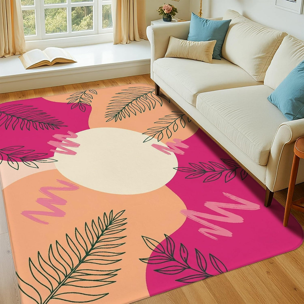 Sun Area Rug, Modern Abstract Leaves Wavy Lines Summer Peach Non-Slip Home Indoor Pattern Carpets Non Shedding Rugs for Living Room Bedroom Under Table Dining Decor 4' X 6'