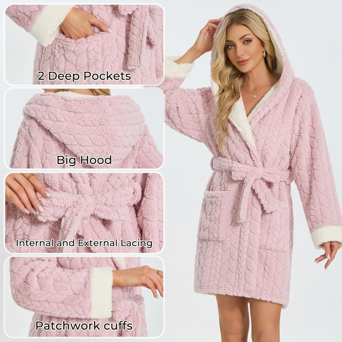 Womens Hooded Plush Short Bathrobe, Ultra Soft Jacquard Fluffy Robe