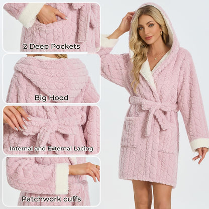 Womens Hooded Plush Short Bathrobe, Ultra Soft Jacquard Fluffy Robe