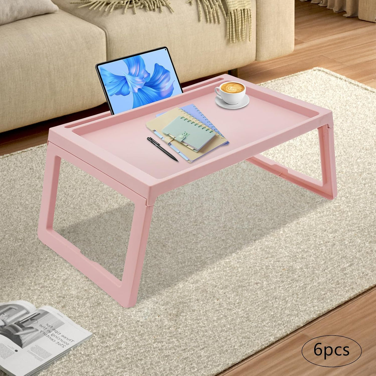 Laptop Bed Desk, Foldable Laptop Beds Desk with Legs, Fortable Notebook Stand Desk Tray for for Eating, Reading and Working, 8-Piece (Pink-6pcs)