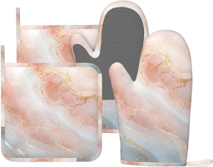 Oven Mitts Pot Holders Set Marble Light Pink Abstract Silicone Kitchen Gloves Potholders Heat Resistant for Chef Baking Cooking Grilling BBQ 4 Pack Mitt