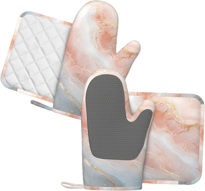 Oven Mitts Pot Holders Set Marble Light Pink Abstract Silicone Kitchen Gloves Potholders Heat Resistant for Chef Baking Cooking Grilling BBQ 4 Pack Mitt