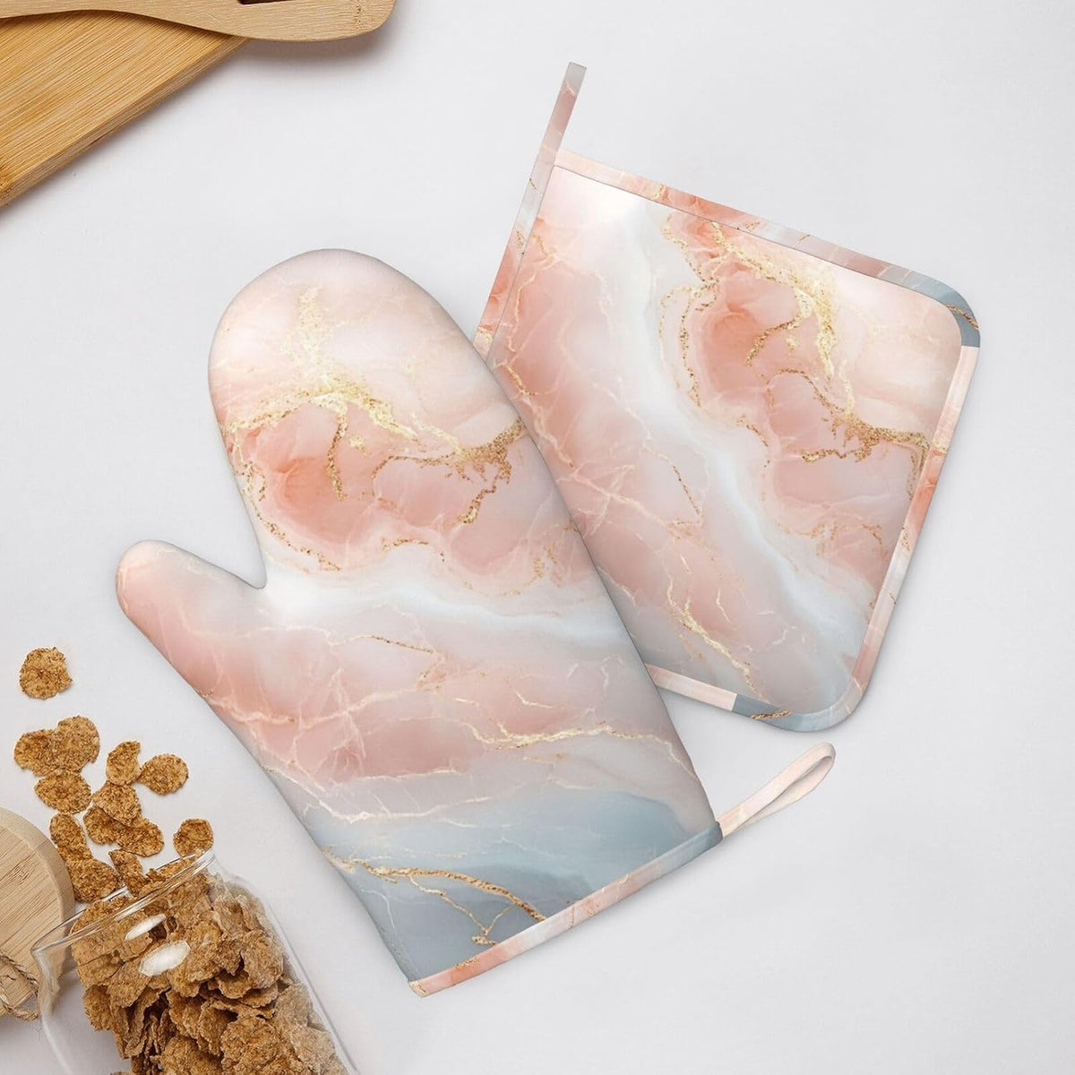 Oven Mitts Pot Holders Set Marble Light Pink Abstract Silicone Kitchen Gloves Potholders Heat Resistant for Chef Baking Cooking Grilling BBQ 4 Pack Mitt