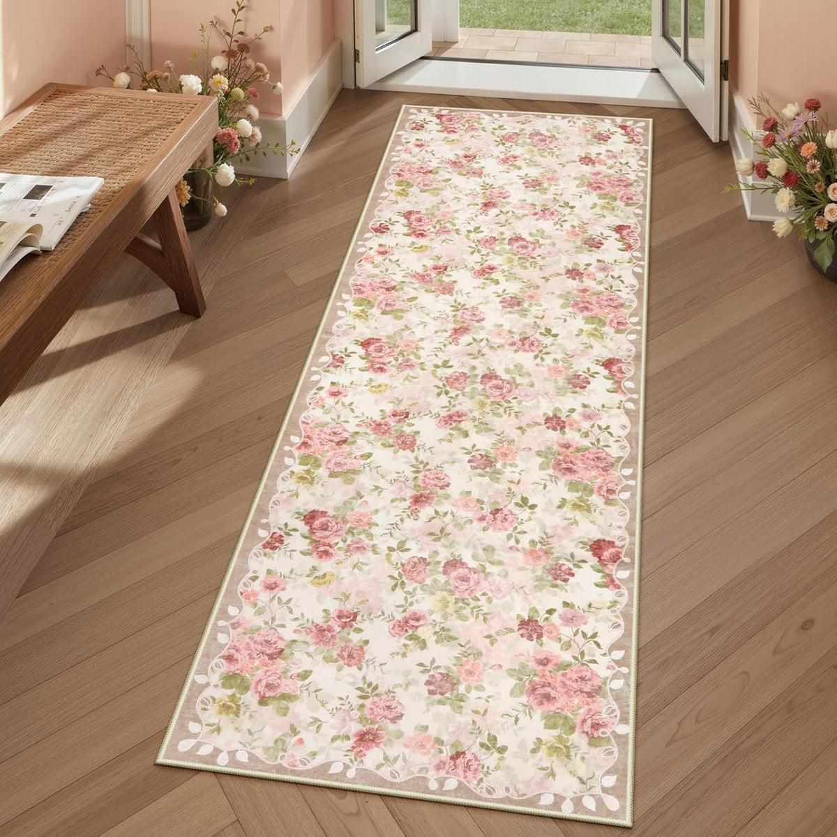 Floral Pink Bathroom Rug Runners for Hallways Non Slip 2x6