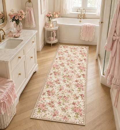 Floral Pink Bathroom Rug Runners for Hallways Non Slip 2x6