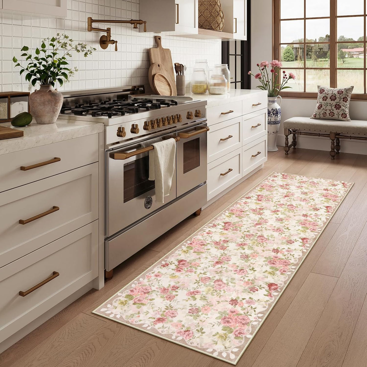 Floral Pink Bathroom Rug Runners for Hallways Non Slip 2x6