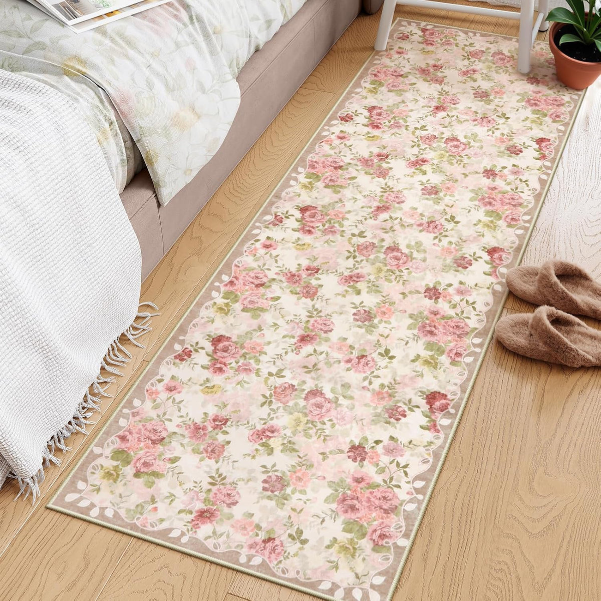 Floral Pink Bathroom Rug Runners for Hallways Non Slip 2x6
