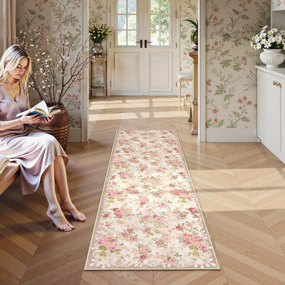Floral Pink Bathroom Rug Runners for Hallways Non Slip 2x6