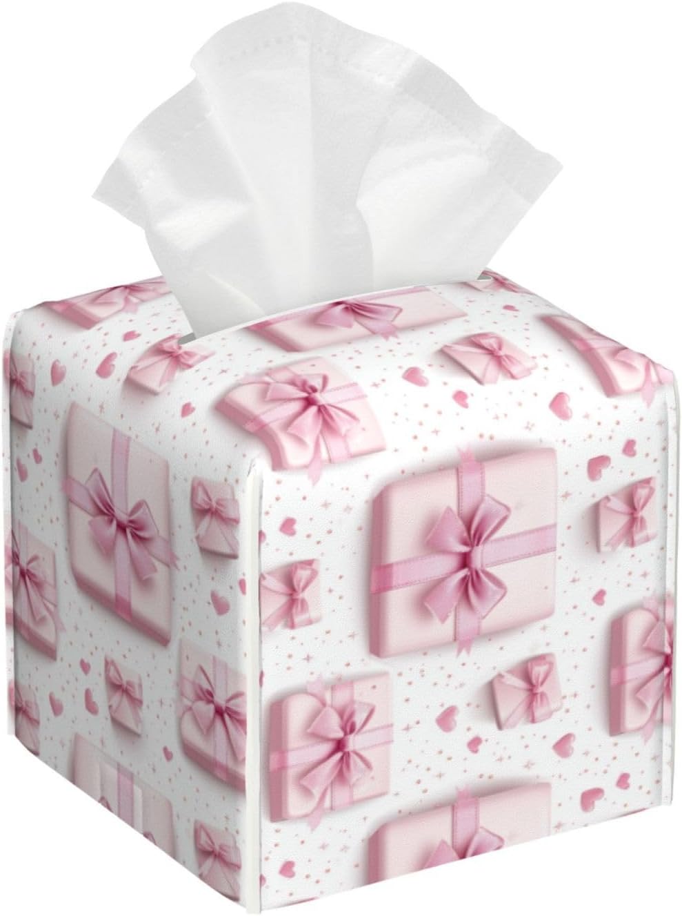 Pink Ribbon Box Print Tissue Box Cover Holder Cube, Foldable Leather Tissue Box Cover Square, Modern Decorative Organizer for Tabletop Bathroom Car Office Desk Decor