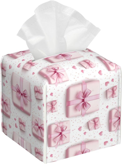 Pink Ribbon Box Print Tissue Box Cover Holder Cube, Foldable Leather Tissue Box Cover Square, Modern Decorative Organizer for Tabletop Bathroom Car Office Desk Decor