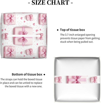 Pink Ribbon Box Print Tissue Box Cover Holder Cube, Foldable Leather Tissue Box Cover Square, Modern Decorative Organizer for Tabletop Bathroom Car Office Desk Decor