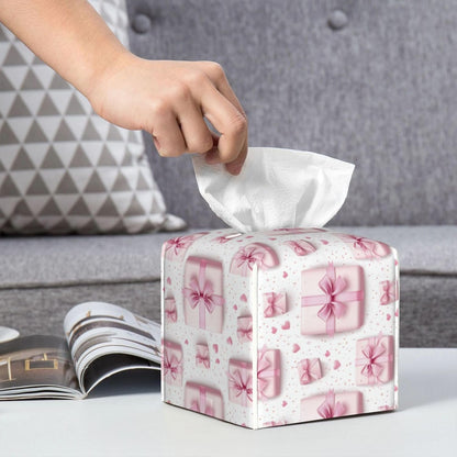 Pink Ribbon Box Print Tissue Box Cover Holder Cube, Foldable Leather Tissue Box Cover Square, Modern Decorative Organizer for Tabletop Bathroom Car Office Desk Decor