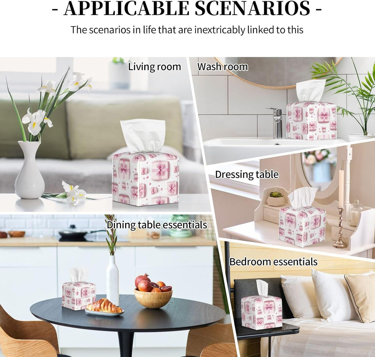 Pink Ribbon Box Print Tissue Box Cover Holder Cube, Foldable Leather Tissue Box Cover Square, Modern Decorative Organizer for Tabletop Bathroom Car Office Desk Decor