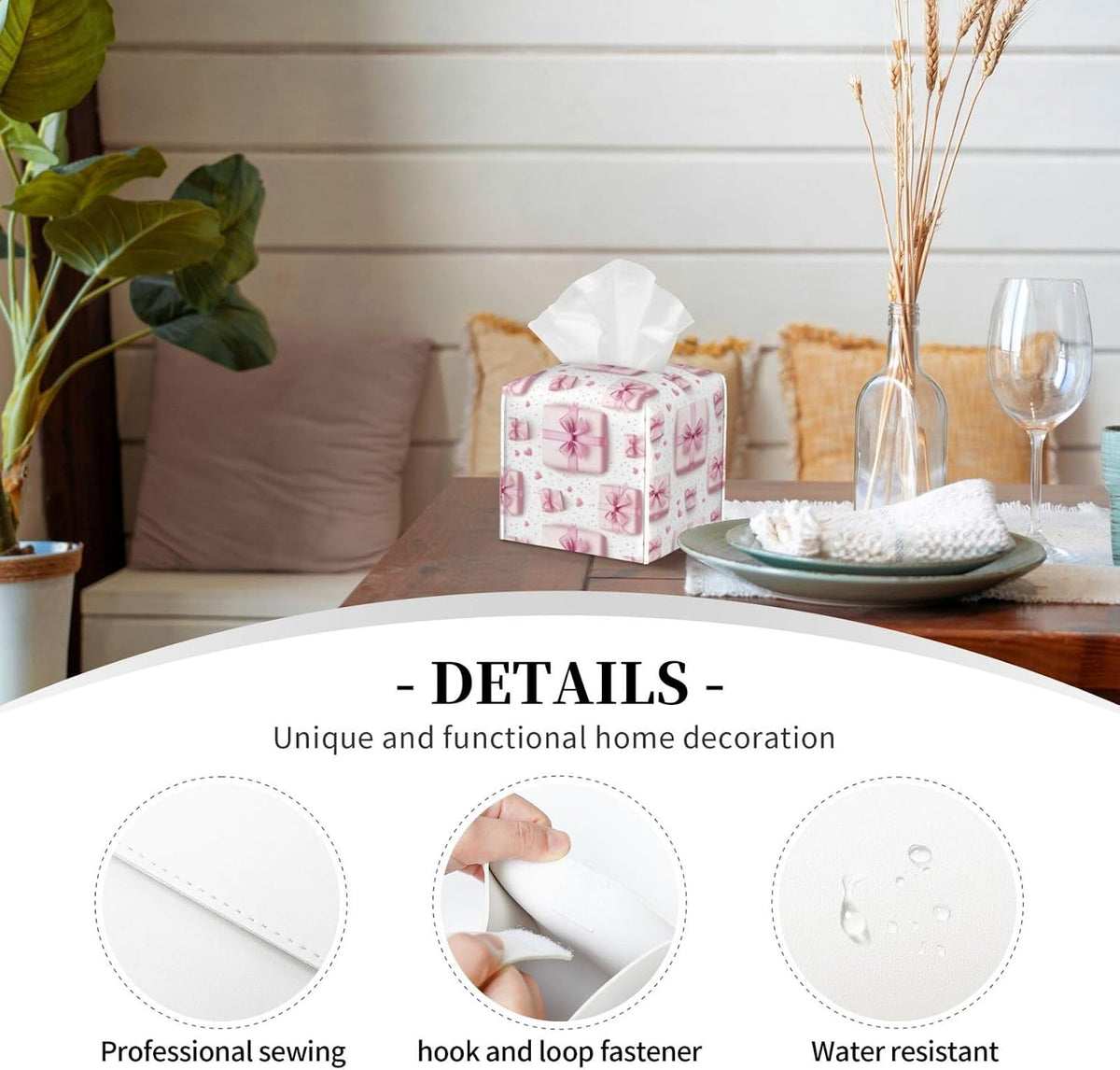 Pink Ribbon Box Print Tissue Box Cover Holder Cube, Foldable Leather Tissue Box Cover Square, Modern Decorative Organizer for Tabletop Bathroom Car Office Desk Decor