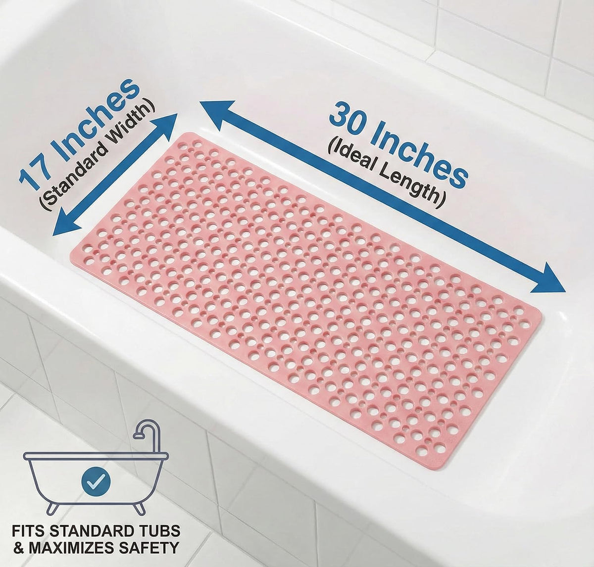 Nonslip Bathtub Mat Extra Soft TPE Bath Mat for Kids, Machine Washable Bathroom Shower Mat, Smooth/Non-Textured Tubs Only, 30L x 17W Inch (Pink)
