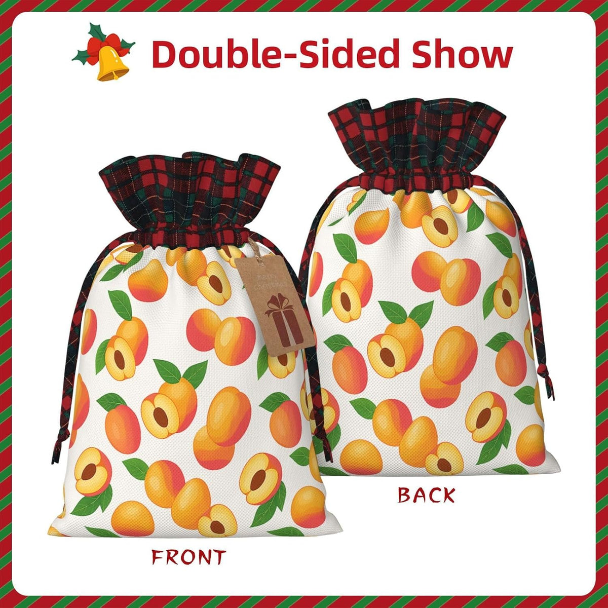 Fresh Peach Fruit Christmas Color Blocked Drawstring Linen Bun Gift Bags
