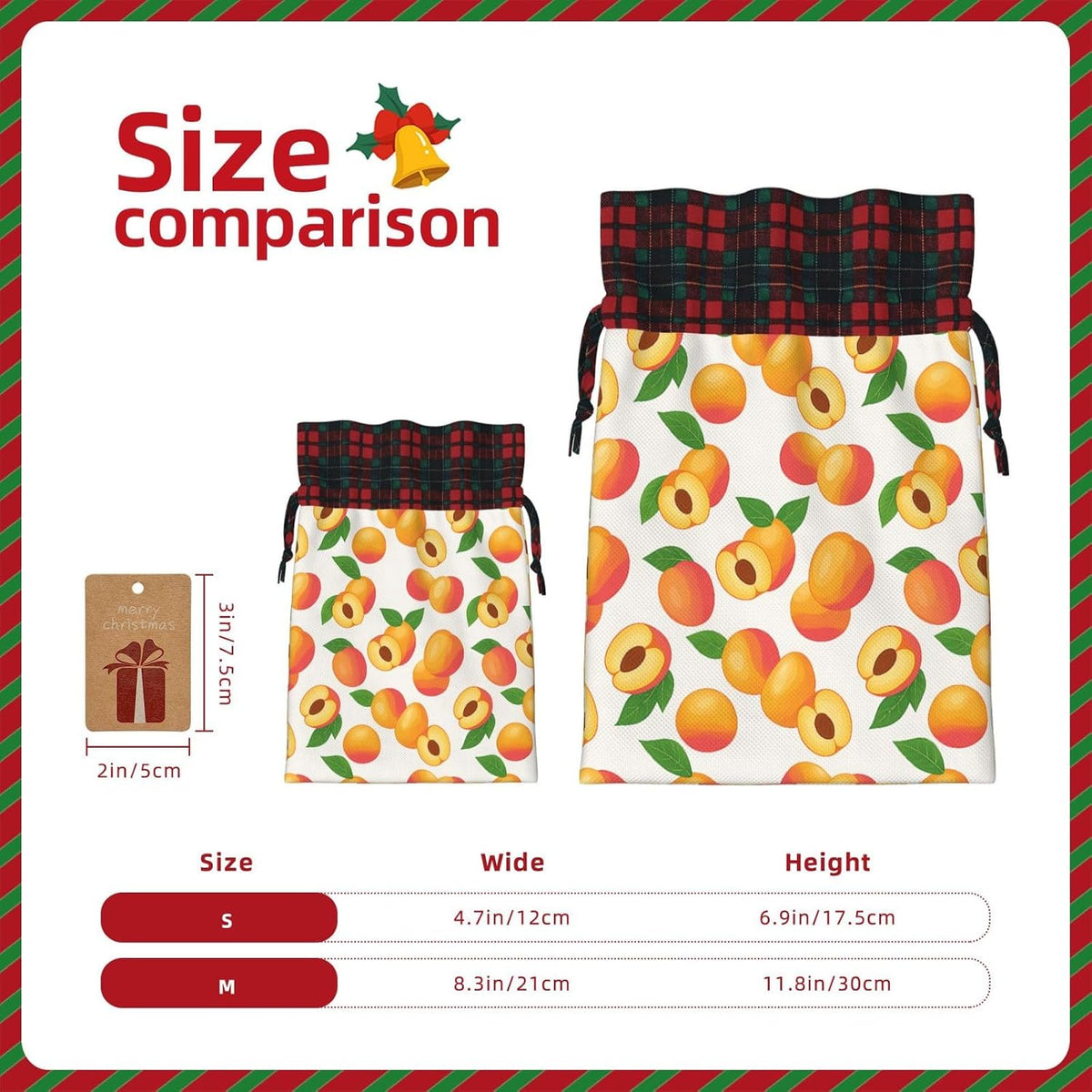 Fresh Peach Fruit Christmas Color Blocked Drawstring Linen Bun Gift Bags