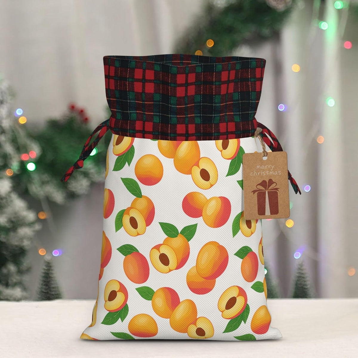Fresh Peach Fruit Christmas Color Blocked Drawstring Linen Bun Gift Bags