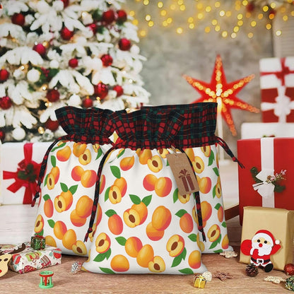 Fresh Peach Fruit Christmas Color Blocked Drawstring Linen Bun Gift Bags