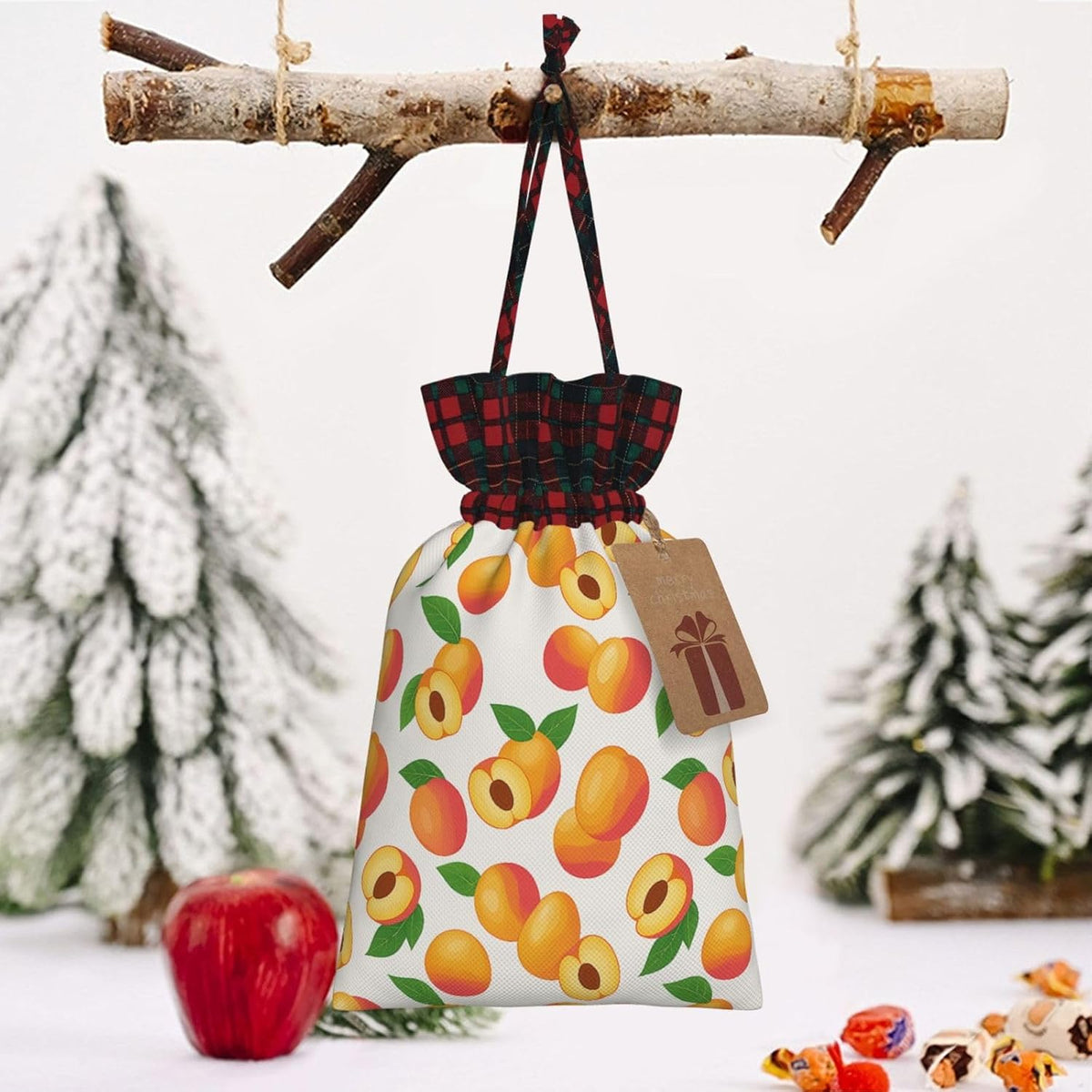 Fresh Peach Fruit Christmas Color Blocked Drawstring Linen Bun Gift Bags