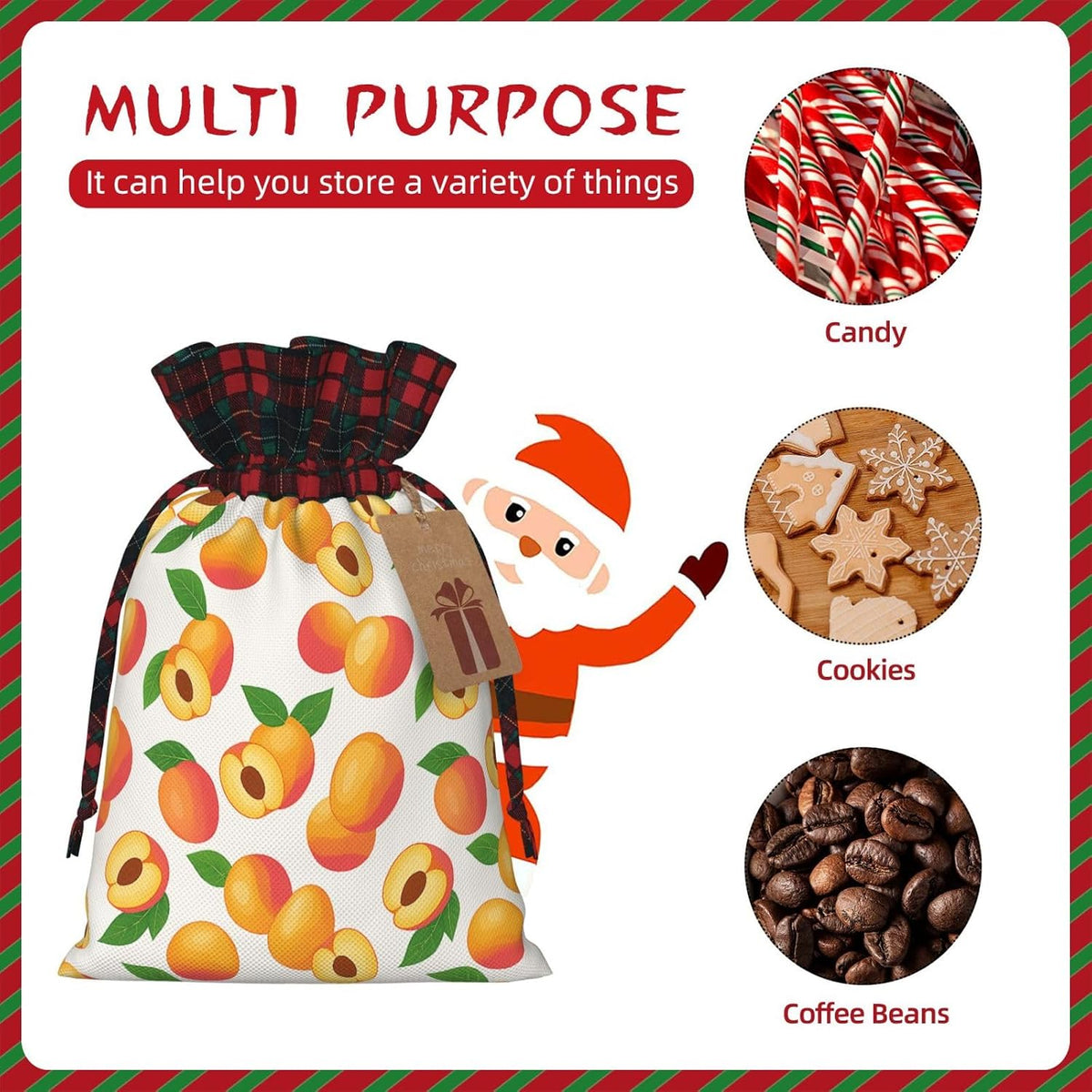 Fresh Peach Fruit Christmas Color Blocked Drawstring Linen Bun Gift Bags