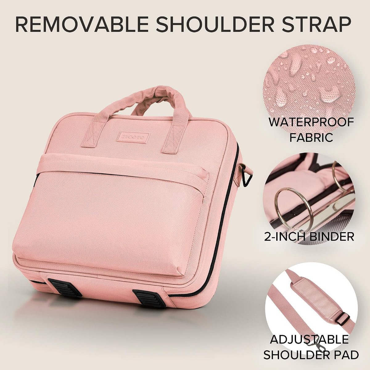 Sturdy 3 Ring Zipper Binder with Shoulder Strap for School - 2 Inch Zip Up