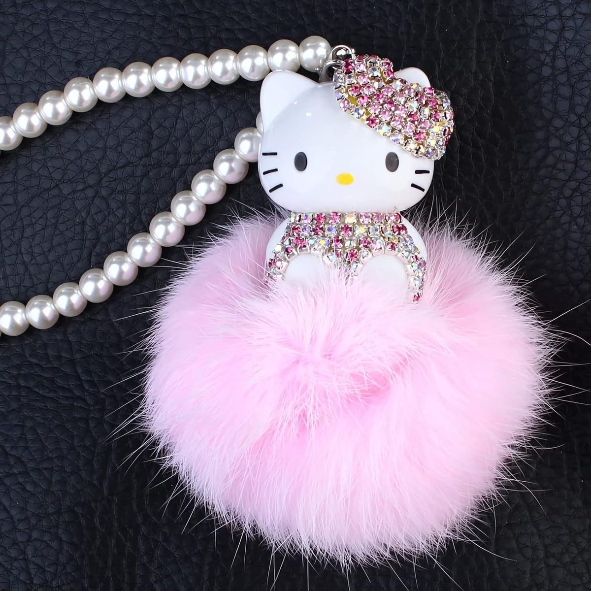 Cute Mirror Charms and Plush Ball Car Accessories for Women - Crystal and Diamond Cat Rear View Mirror Hanging Ornaments and Decor