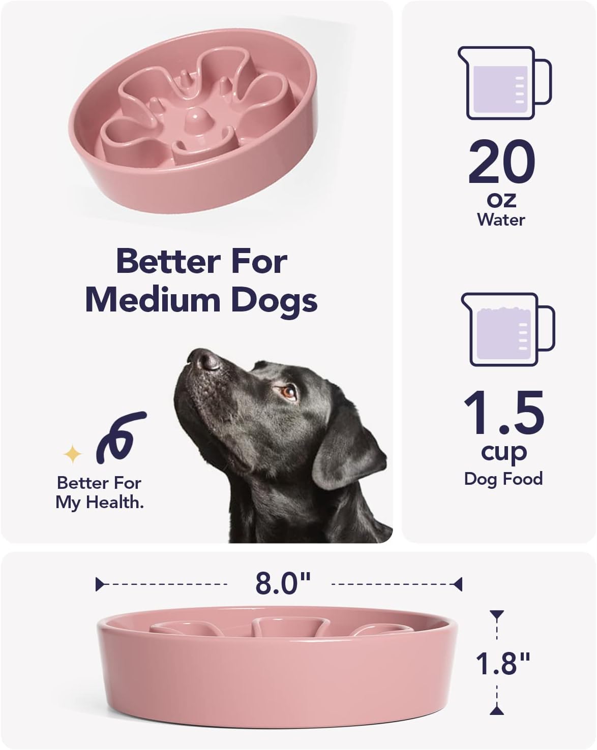 Slow Feeder Dog Bowls Ceramic, 1.5 Cups Dog Food Bowl, Puppy Slow Feeder Dish for Fast Eaters,Pink Bloom