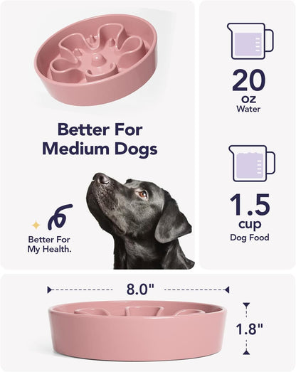 Slow Feeder Dog Bowls Ceramic, 1.5 Cups Dog Food Bowl, Puppy Slow Feeder Dish for Fast Eaters,Pink Bloom