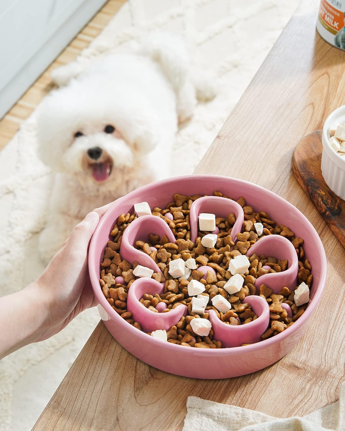 Slow Feeder Dog Bowls Ceramic, 1.5 Cups Dog Food Bowl, Puppy Slow Feeder Dish for Fast Eaters,Pink Bloom