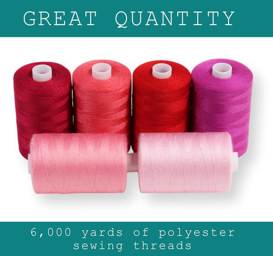 Sewing Thread in Red & Pink Color Tones – 6 Spools of Polyester Thread for Sewing Machine for Beginners, Hand Stitching & Quilting - 1000 yds per Spool