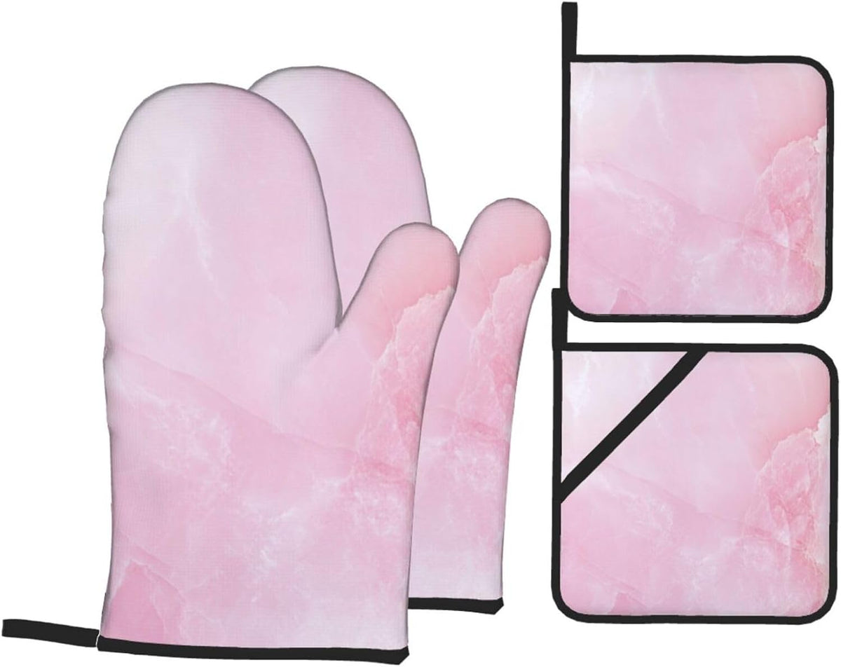 Oven Mitts and Pot Holders Set Marble Light Pink Abstract Heat Resistant Kitchen Gloves 2 Oven Mitts and 2 Pot Holders for Cooking Baking BBQ