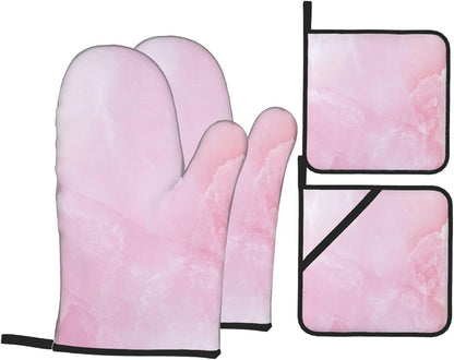 Oven Mitts and Pot Holders Set Marble Light Pink Abstract Heat Resistant Kitchen Gloves 2 Oven Mitts and 2 Pot Holders for Cooking Baking BBQ